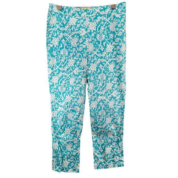 Lilly & Van Chino Pants Women 6 Blue White Floral Tiger Crop Stretch Tropical - Picture 1 of 12